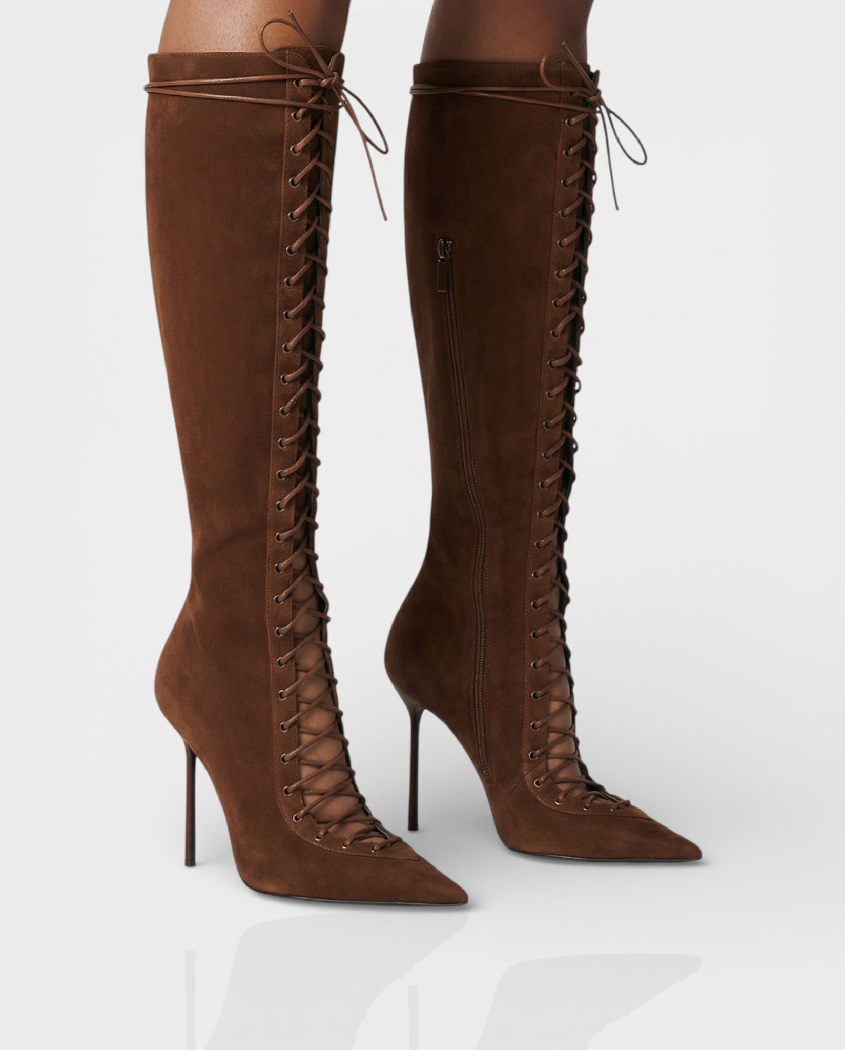 ESCAS | Lace-Up Faux Suede Knee-High Stiletto Boots