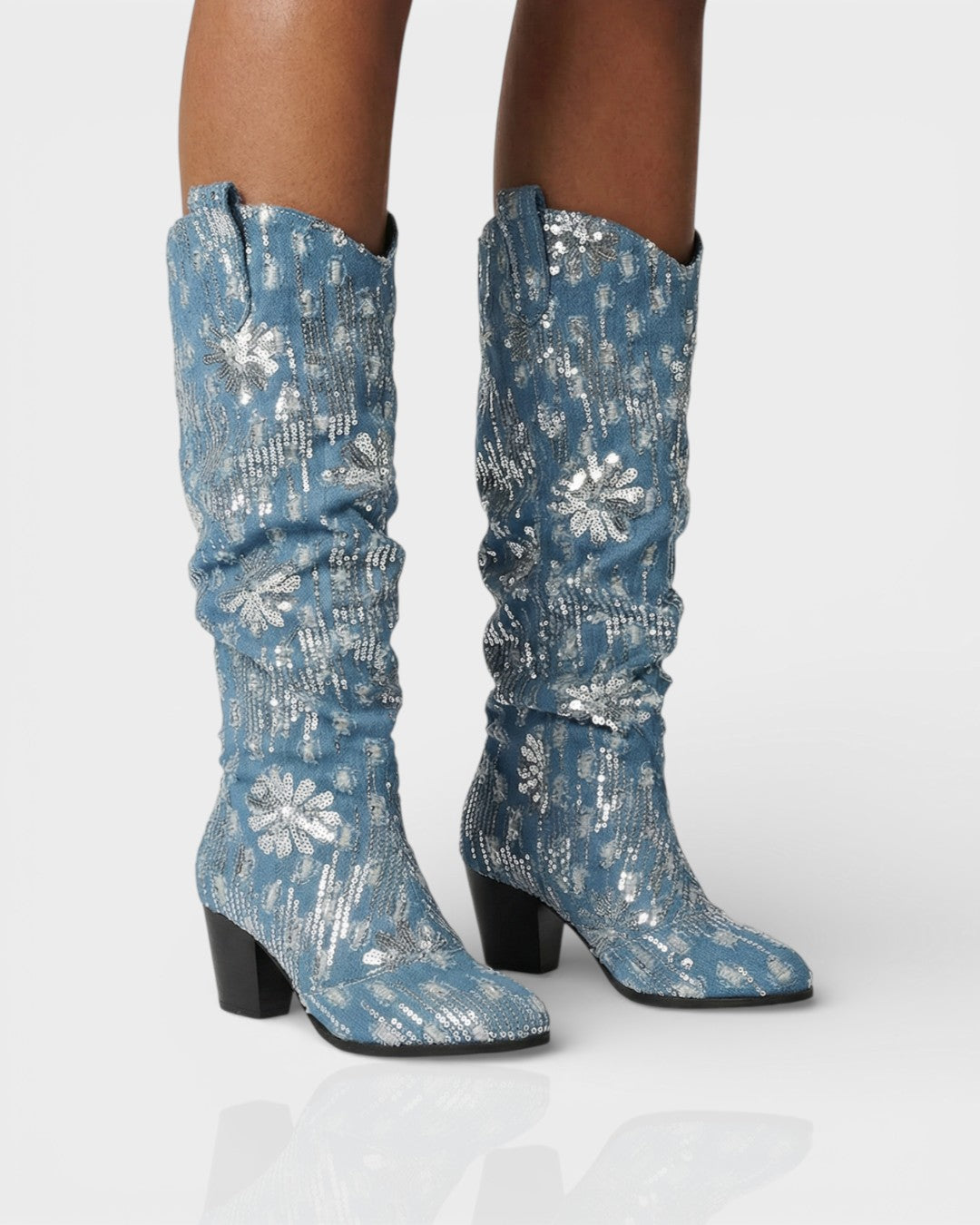 DIANNE | Sequin Floral Denim Cowboy Boots
