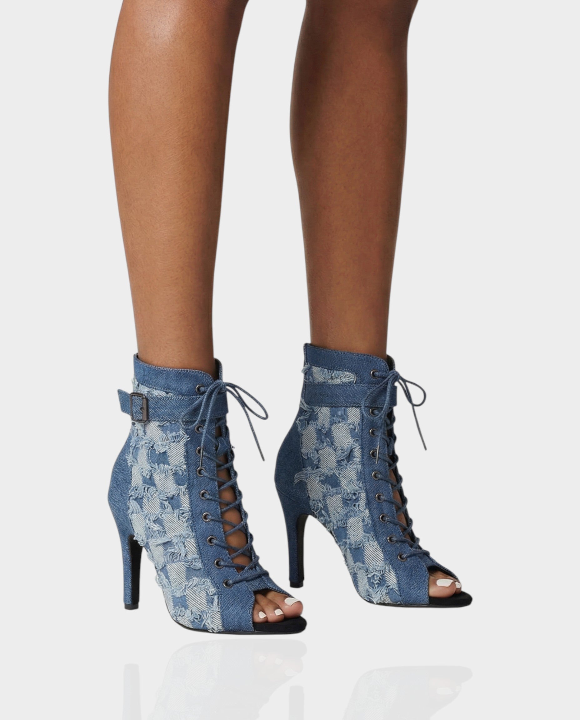 REIKO | Buckled Ankle Strap Lace-Up Denim Boots