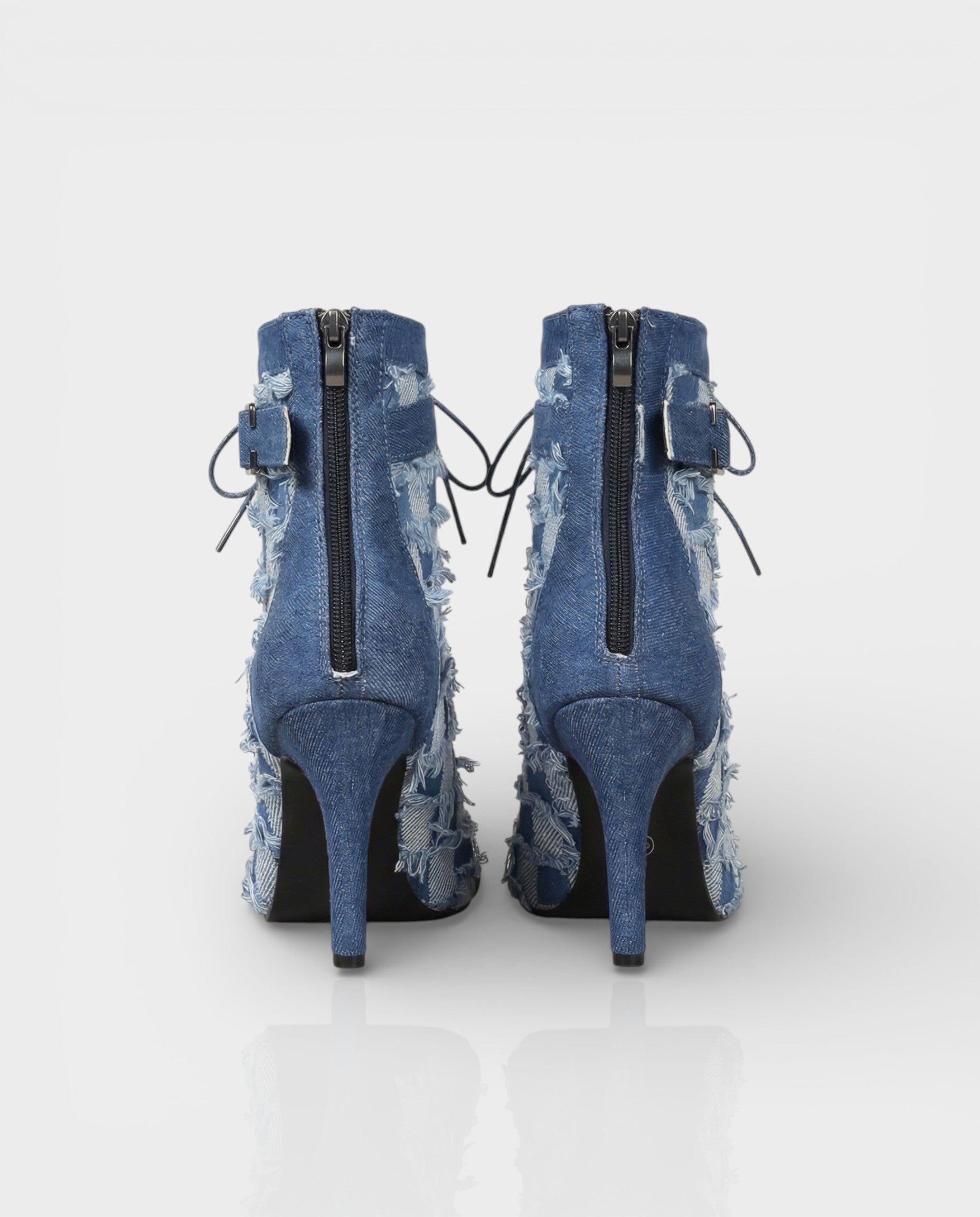 REIKO | Buckled Ankle Strap Lace-Up Denim Boots