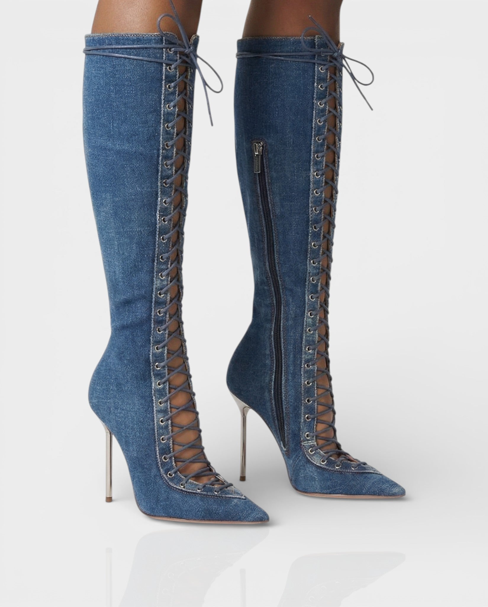 ESCAS | Lace-Up Denim Knee-High Stiletto Boots